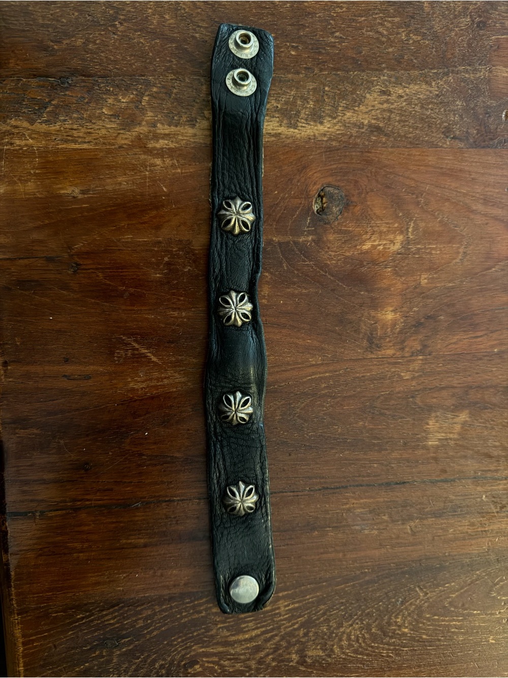 King Baby Studio Black Leather Bracelet with Silver Flower Conchos